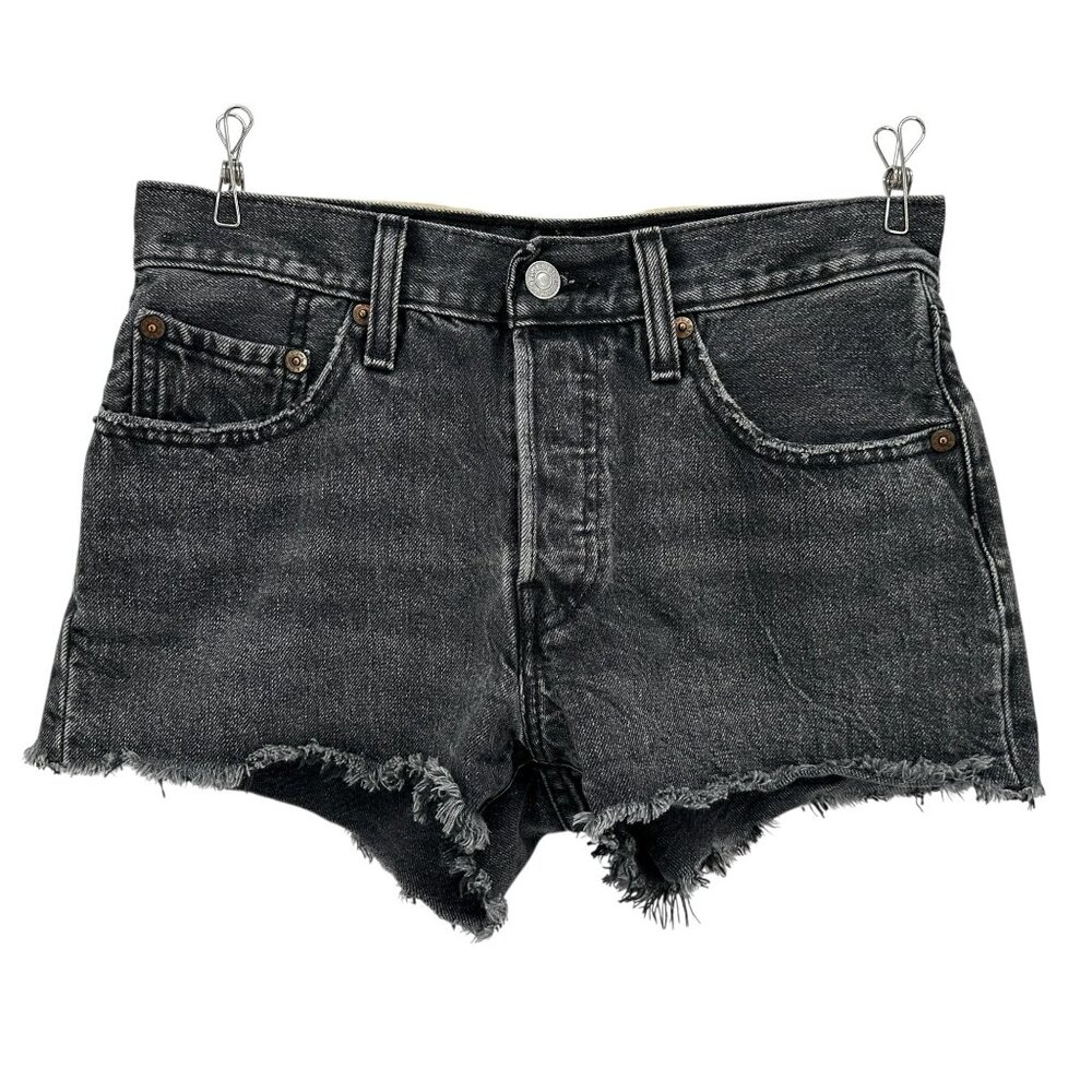 Levi's Womens 24 Shorts 501 Denim Jean Button Fly Black Raw Hem Cut Off